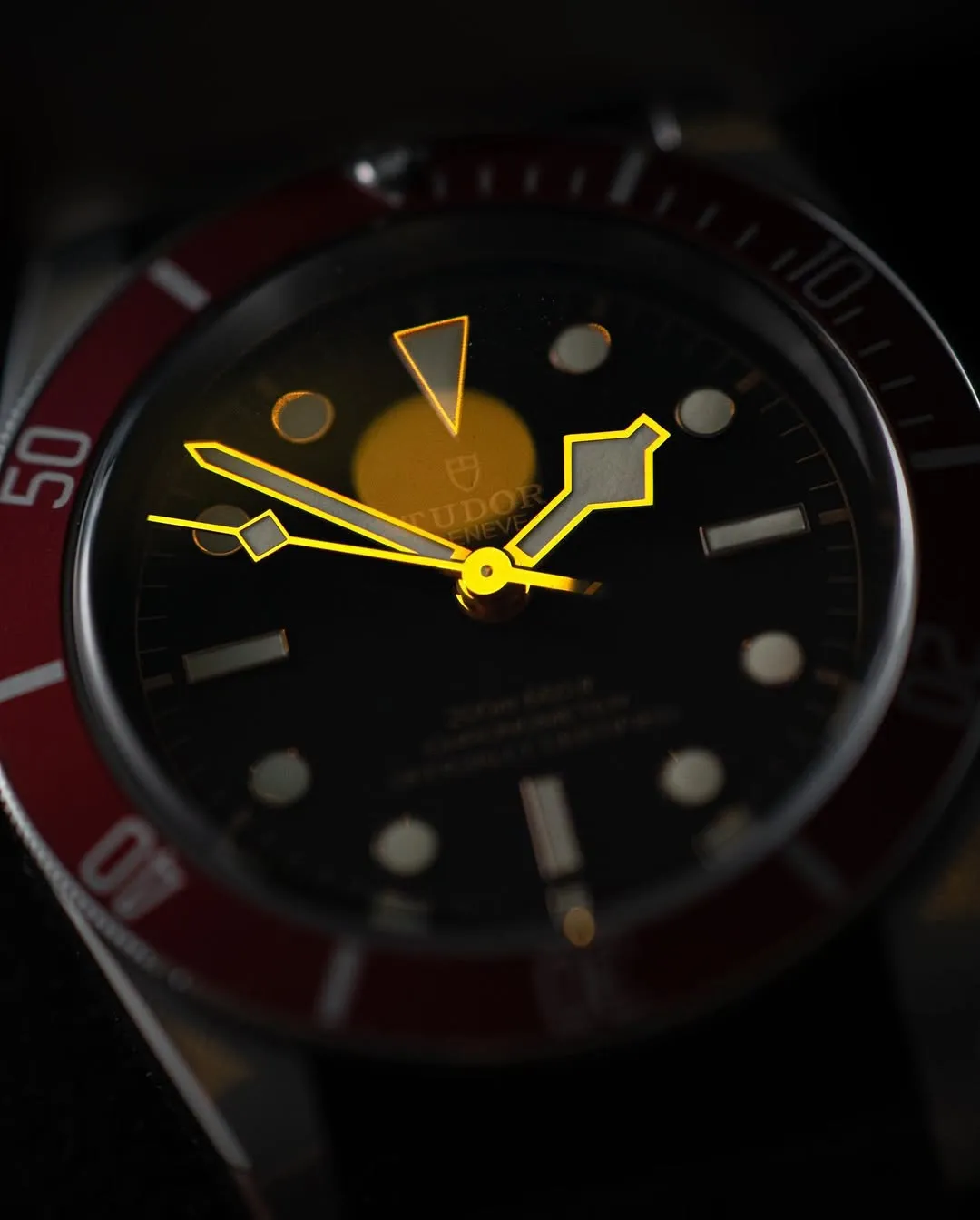 Tudor watch with luminous hands and markers
