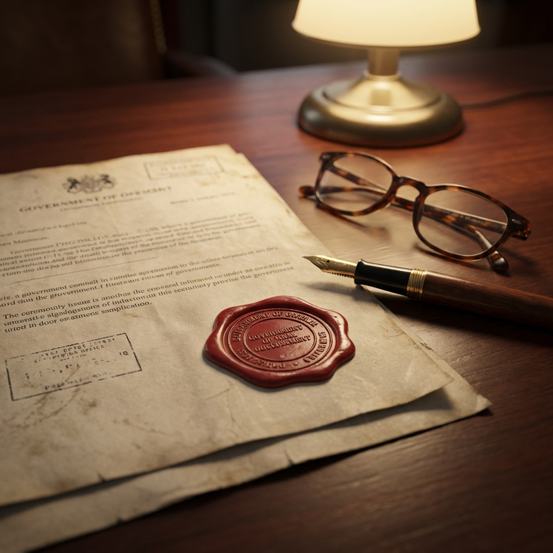 Government trade policy documentation on a dark wood desk