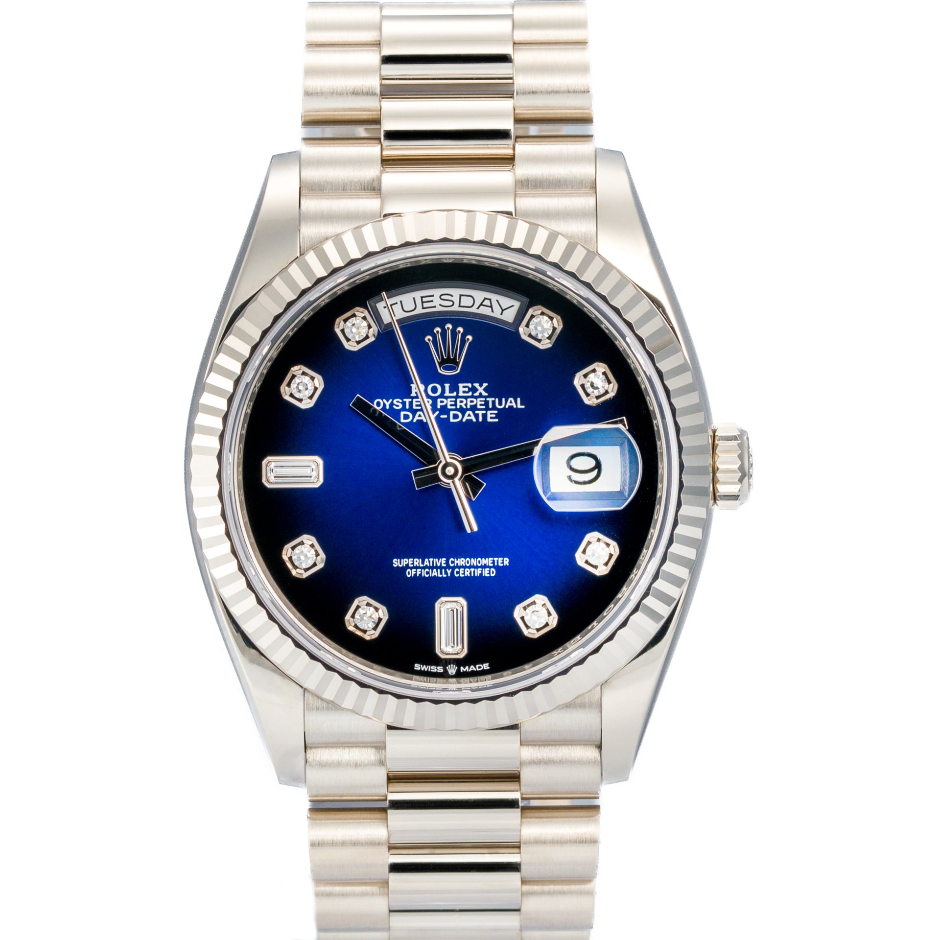 Rolex Day-Date 36 White Gold Blue Ombre Diamond Dial