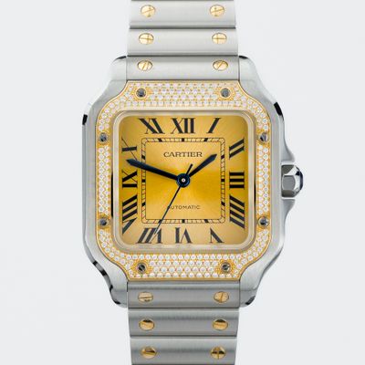 Cartier Santos De Cartier - Golden sunray dial and Diamonds bezel W3SA0007 - New/Mint condition, 2024