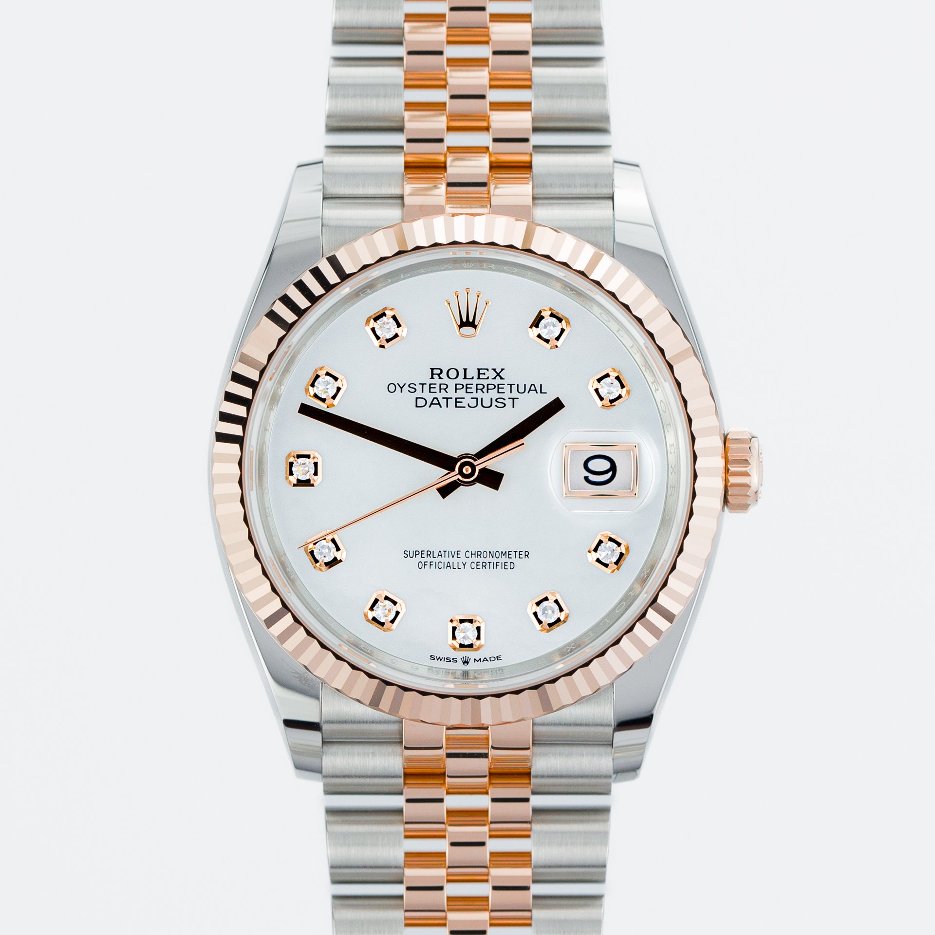 Rolex Datejust 36 Everose Gold meets Diamonds on Mother of pearl dial